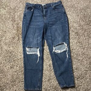 SHEIN Dark Blue Distressed Straight Leg Jeans